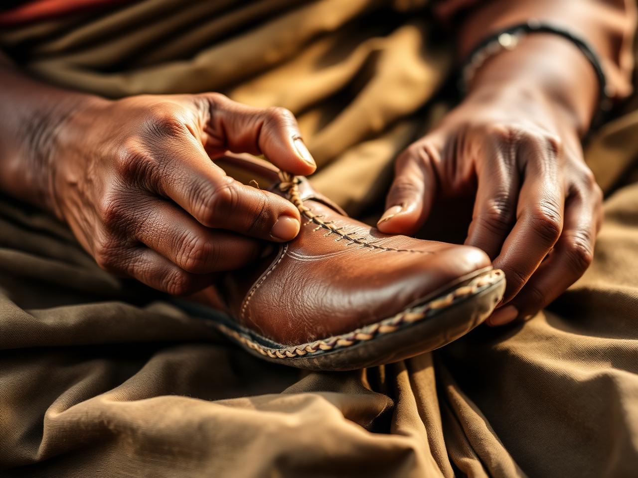 Indian artisan stitching a leather shoe by hand